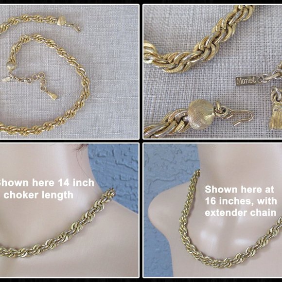 Monet 14 inch choker necklace plus 2 inch extender, Twisted gold link style, VTG - Picture 8 of 13